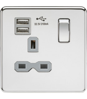Screwless 13A 1G switched socket with dual USB charger (2.1A) - polished chrome with grey insert
