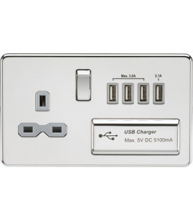 Screwless 13A switched socket with quad USB charger (5.1A) - polished chrome with grey insert