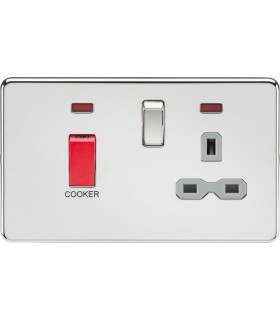 Screwless 45A DP switch and 13A switched socket with neons - polished chrome with grey insert