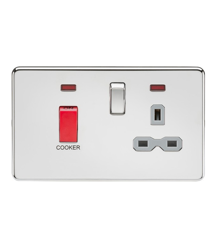 Screwless 45A DP switch and 13A switched socket with neons - polished chrome with grey insert