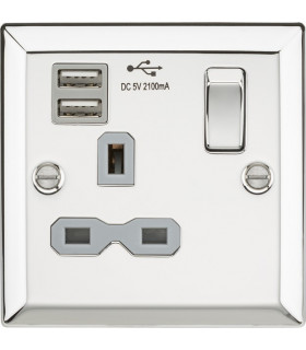 13A 1G Switched Socket Dual USB Charger Slots with Grey Insert - Bevelled Edge Polished Chrome