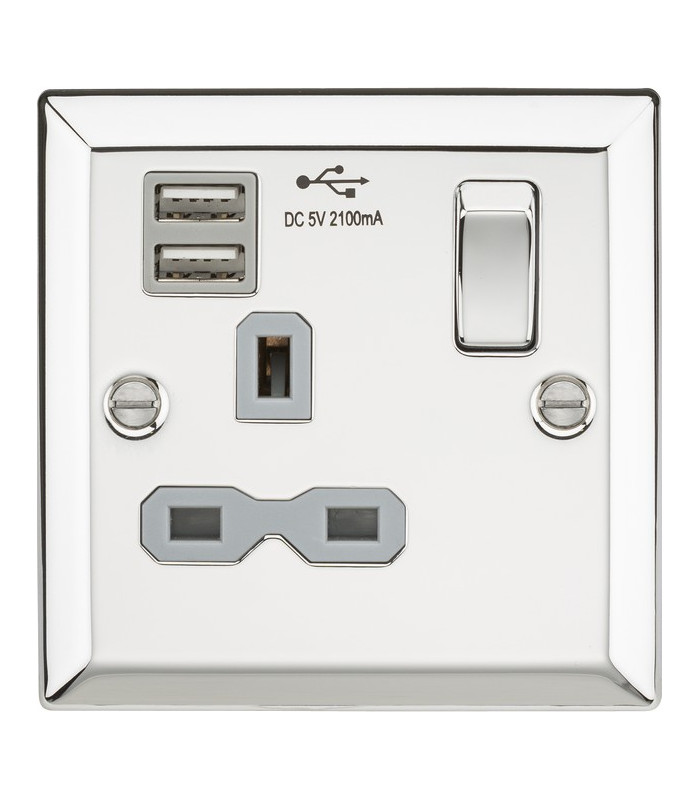 13A 1G Switched Socket Dual USB Charger Slots with Grey Insert - Bevelled Edge Polished Chrome