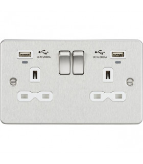 Flat Plate 13A 2G switched socket with USB chargers (2.4A) - Brushed Chrome with white insert
