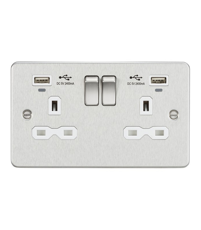 Flat Plate 13A 2G switched socket with USB chargers (2.4A) - Brushed Chrome with white insert