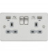 Flat plate 13A 2G switched socket with USB chargers (2.4A) - Brushed Chrome with grey insert