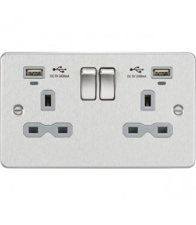 Flat plate 13A 2G switched socket with USB chargers (2.4A) - Brushed Chrome with grey insert