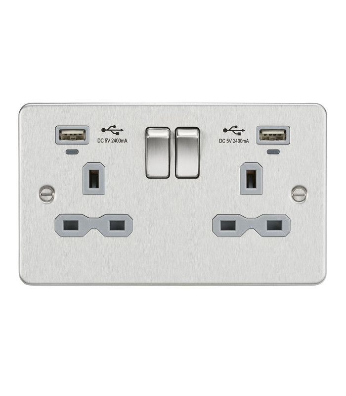Flat plate 13A 2G switched socket with USB chargers (2.4A) - Brushed Chrome with grey insert
