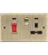45A DP Cooker Switch & 13A Switched Socket with Neons & Black Insert - Square Edge Antique Brass