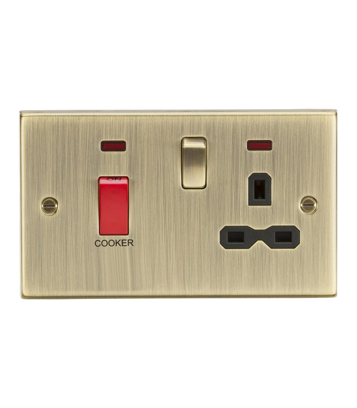 45A DP Cooker Switch & 13A Switched Socket with Neons & Black Insert - Square Edge Antique Brass