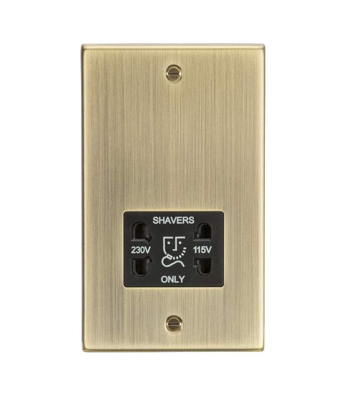 115-230V Dual Voltage Shaver Socket with Black Insert - Square Edge Antique Brass