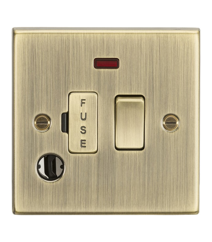 13A Switched Fused Spur Unit with Neon & Flex Outlet - Square Edge Antique Brass
