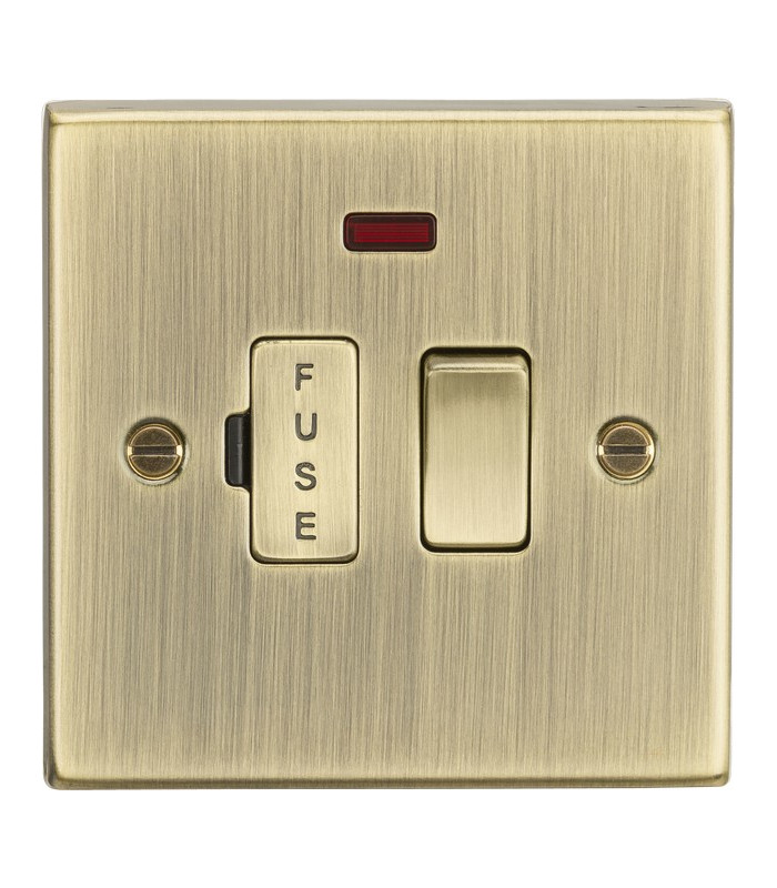 13A Switched Fused Spur Unit with Neon - Square Edge Antique Brass