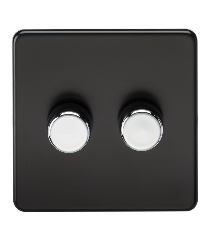 Screwless 2G 2-way 10-200W (5-150W LED) trailing edge dimmer - Matt Black with chrome knobs
