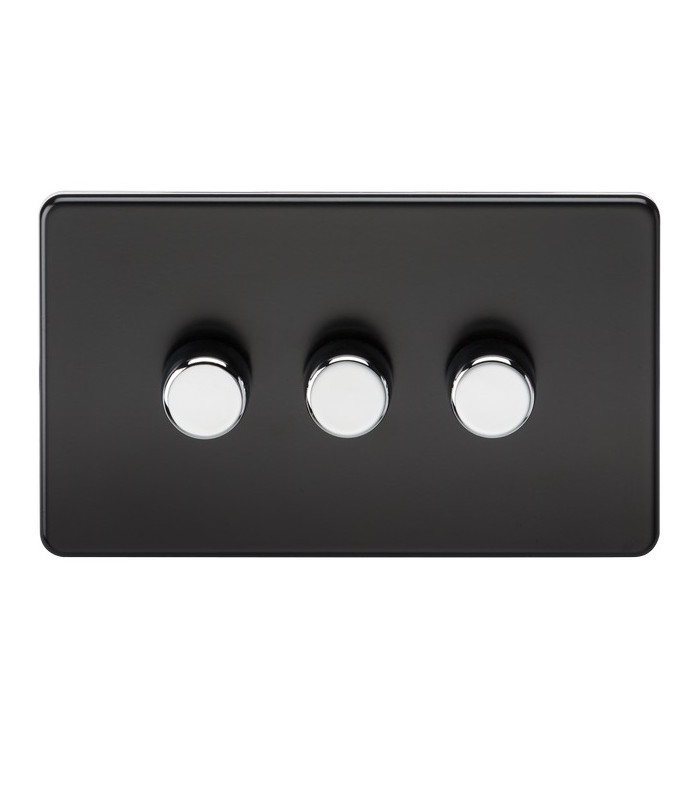 Screwless 3G 2-way 10-200W (5-150W LED) trailing edge dimmer - Matt Black with chrome knobs
