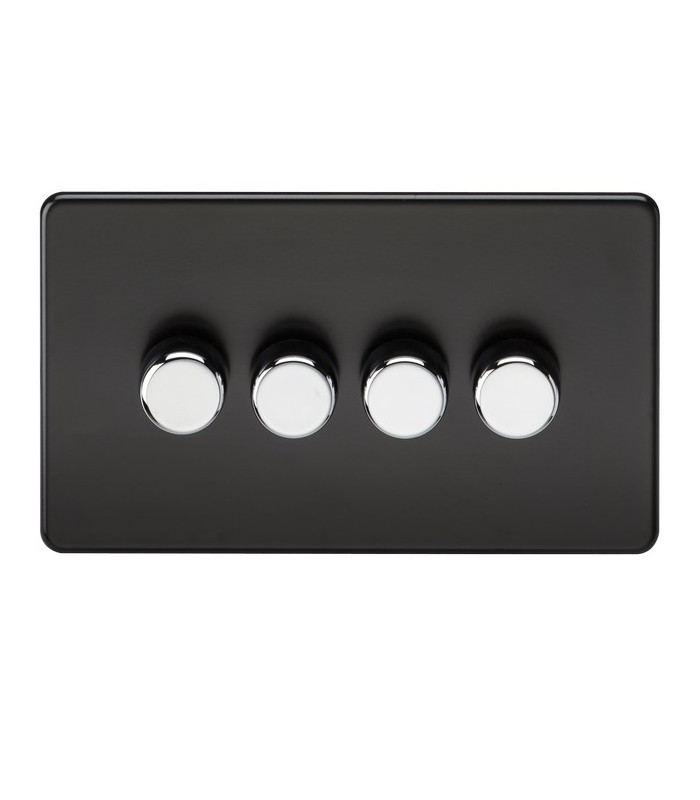 Screwless 4G 2-way 10-200W (5-150W LED) trailing edge dimmer - Matt Black with chrome knobs