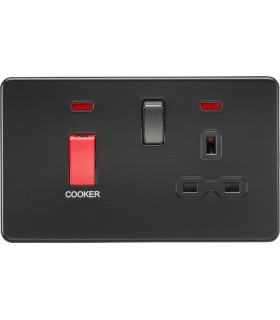 Screwless 45A DP switch and 13A switched socket with neons - matt black with black insert
