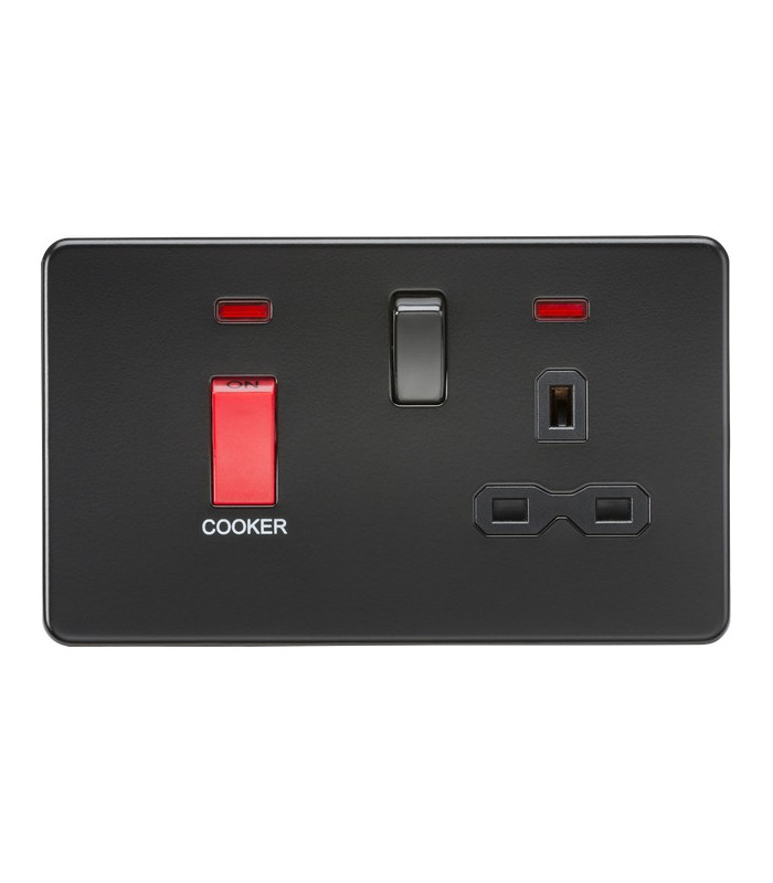 Screwless 45A DP switch and 13A switched socket with neons - matt black with black insert