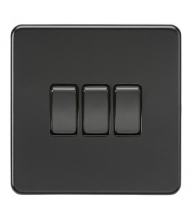 Screwless 10AX 3G 2-Way Switch - Matt Black with black rockers