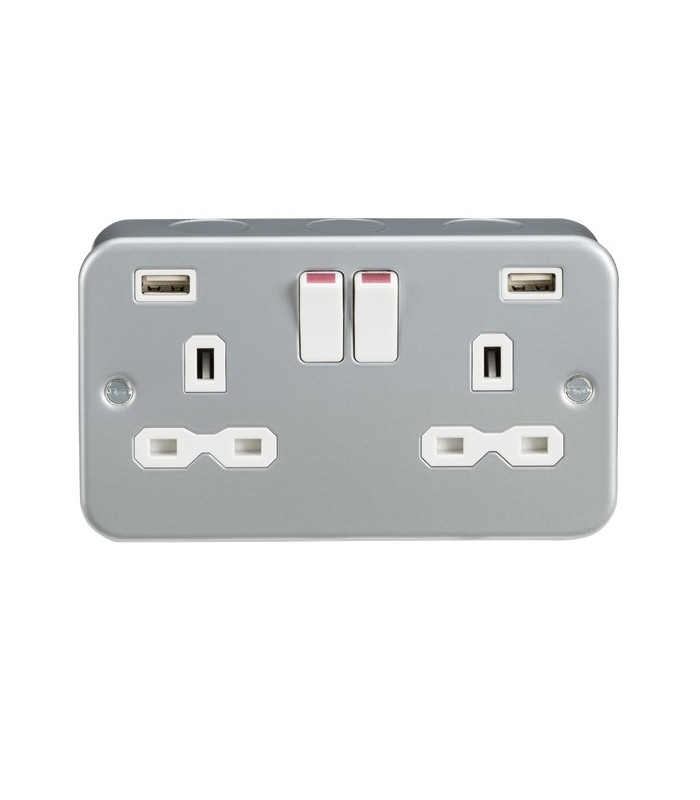 Metal Clad 13A 2G Switched Socket with Dual USB Charger (2.4A)