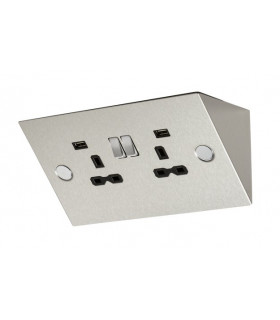 13A 2G Mounting Switched Socket with Dual USB Charger (2.4A) - Stainless Steel with black insert