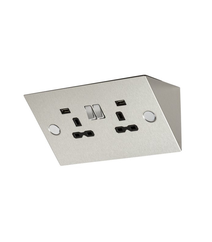 13A 2G Mounting Switched Socket with Dual USB Charger (2.4A) - Stainless Steel with black insert