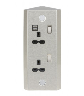 13A 2G Vertical Switched Socket with Dual USB Charger (2.4A) - Stainless Steel with black insert