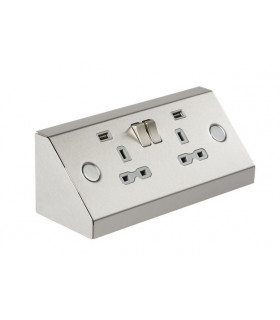 13A 2G Mounting Switched Socket with Dual USB Charger (2.4A) - Stainless Steel with grey insert