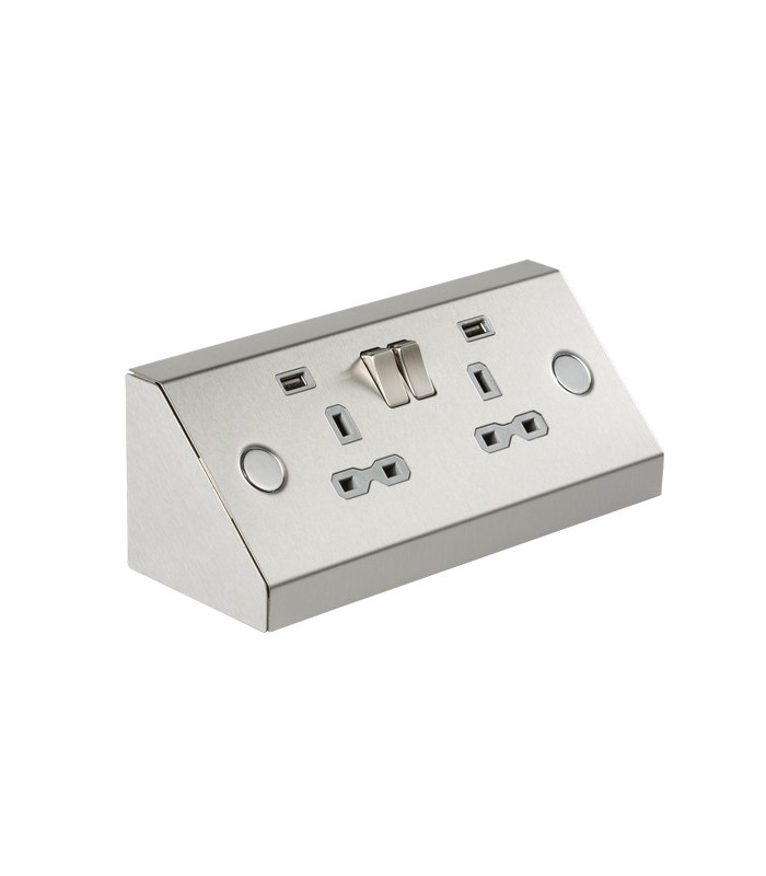 13A 2G Mounting Switched Socket with Dual USB Charger (2.4A) - Stainless Steel with grey insert