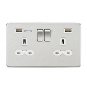 13A 2G DP Switched Socket with Dual USB Charger (Type-A FASTCHARGE port) - Brushed Chrome/White