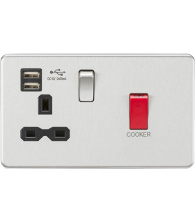 45A DP Switch & 13A Switched Socket with Dual USB Charger 2.4A - Brushed Chrome with black insert