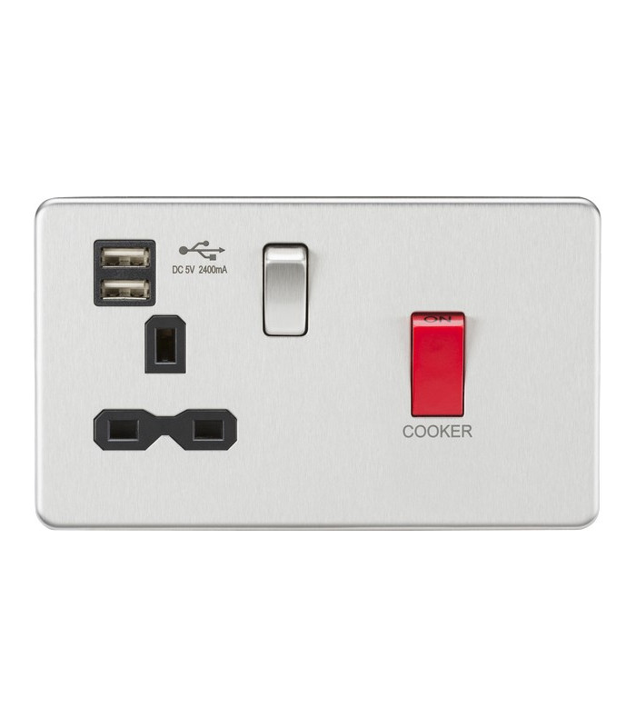 45A DP Switch & 13A Switched Socket with Dual USB Charger 2.4A - Brushed Chrome with black insert