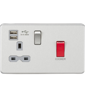 45A DP Switch & 13A Switched Socket with Dual USB Charger 2.4A - Brushed Chrome with grey insert