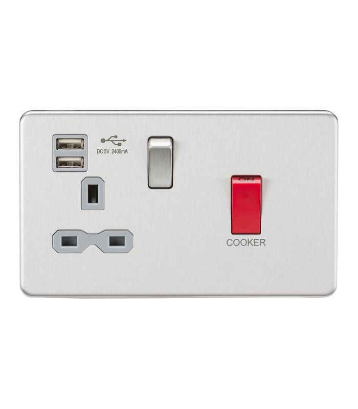 45A DP Switch & 13A Switched Socket with Dual USB Charger 2.4A - Brushed Chrome with grey insert
