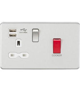 45A DP Switch & 13A Switched Socket with Dual USB Charger 2.4A - Brushed Chrome with white insert