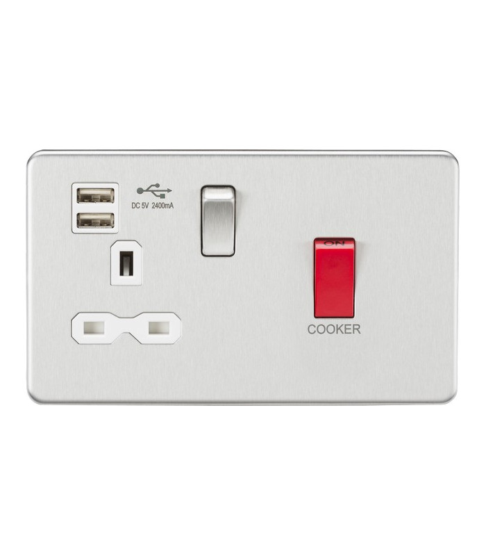 45A DP Switch & 13A Switched Socket with Dual USB Charger 2.4A - Brushed Chrome with white insert