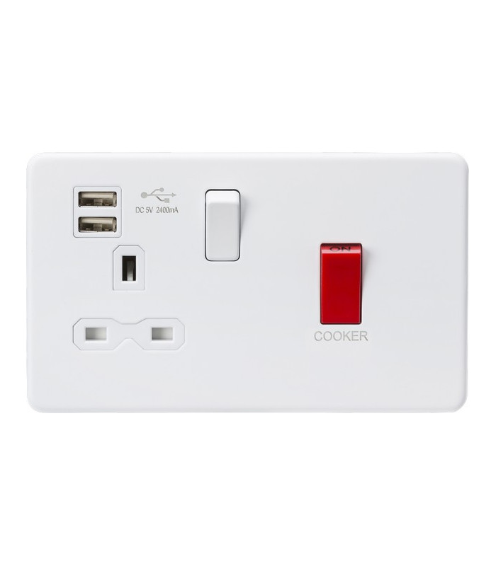 45A DP Switch & 13A Switched Socket with Dual USB Charger 2.4A - Matt White