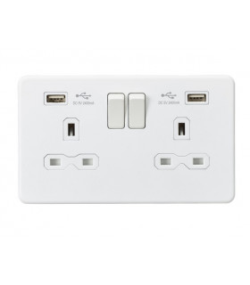 13A 2G Switched Socket with Dual USB Charger (2.4A) - Matt White