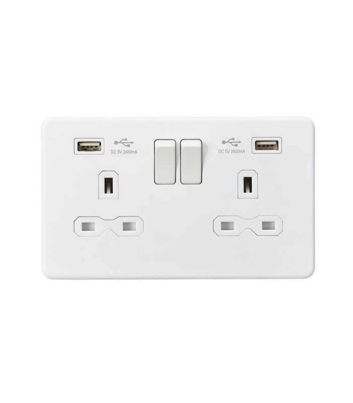 13A 2G Switched Socket with Dual USB Charger (2.4A) - Matt White