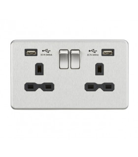 13A 2G Switched Socket with Dual USB Charger (2.4A) - Brushed Chrome with Black Insert