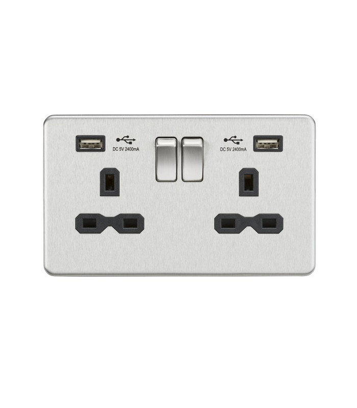 13A 2G Switched Socket with Dual USB Charger (2.4A) - Brushed Chrome with Black Insert