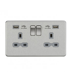 13A 2G Switched Socket with Dual USB Charger (2.4A) - Brushed Chrome with Grey Insert