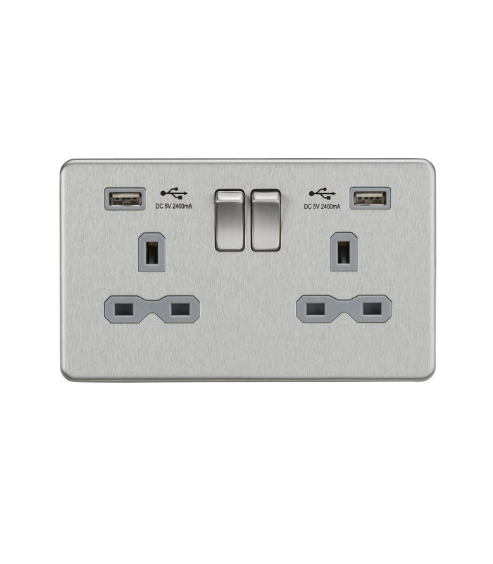 13A 2G Switched Socket with Dual USB Charger (2.4A) - Brushed Chrome with Grey Insert