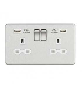 13A 2G Switched Socket with Dual USB Charger (2.4A) - Brushed Chrome with White Insert