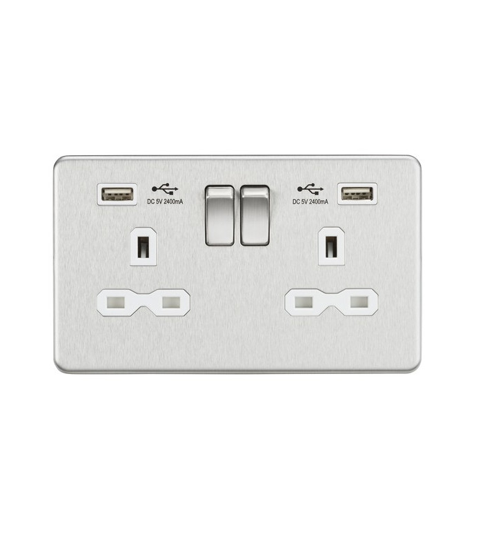 13A 2G Switched Socket with Dual USB Charger (2.4A) - Brushed Chrome with White Insert