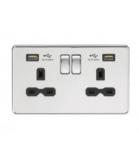 13A 2G Switched Socket with Dual USB Charger (2.4A) - Polished Chrome with Black Insert