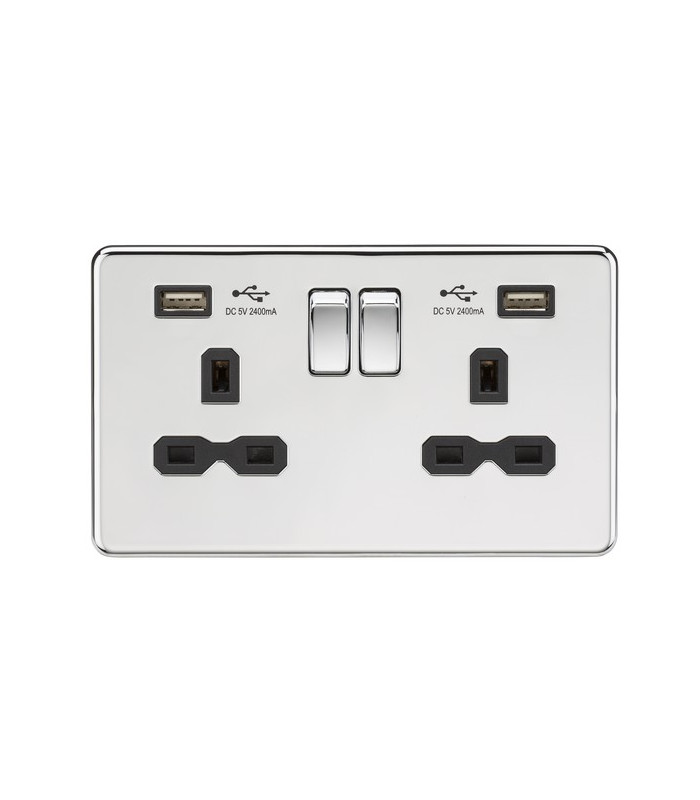13A 2G Switched Socket with Dual USB Charger (2.4A) - Polished Chrome with Black Insert