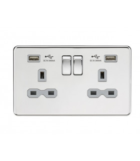 13A 2G Switched Socket with Dual USB Charger (2.4A) - Polished Chrome with Grey Insert