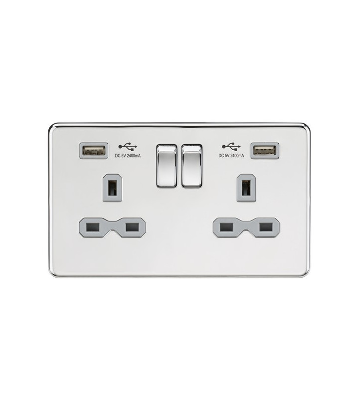 13A 2G Switched Socket with Dual USB Charger (2.4A) - Polished Chrome with Grey Insert