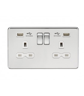13A 2G Switched Socket with Dual USB Charger (2.4A) - Polished Chrome with  White Insert