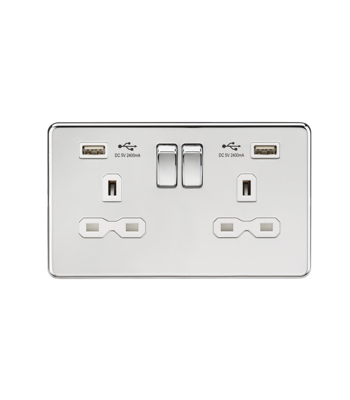13A 2G Switched Socket with Dual USB Charger (2.4A) - Polished Chrome with  White Insert